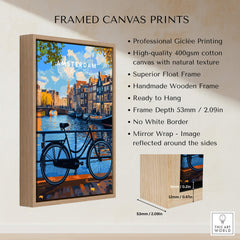 Colourful Amsterdam Architecture Poster - Iconic Canal Houses and Canals Wall Art displayed in a wooden frame.