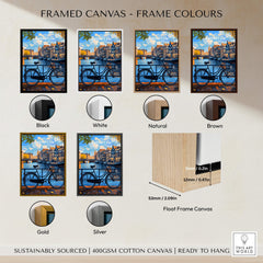 Colourful Amsterdam Architecture Poster - Iconic Canal Houses and Canals Wall Art framed canvas options in different colors.