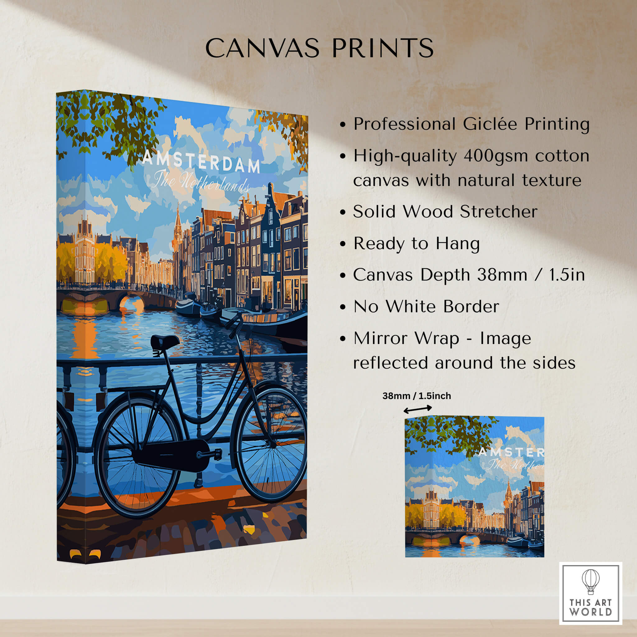 Colourful Amsterdam Architecture Poster - Iconic Canal Houses and Canals Wall Art displayed on canvas print