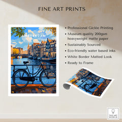 Colourful Amsterdam Architecture Poster - Iconic Canal Houses and Canals Wall Art, featuring a bike by the canals.