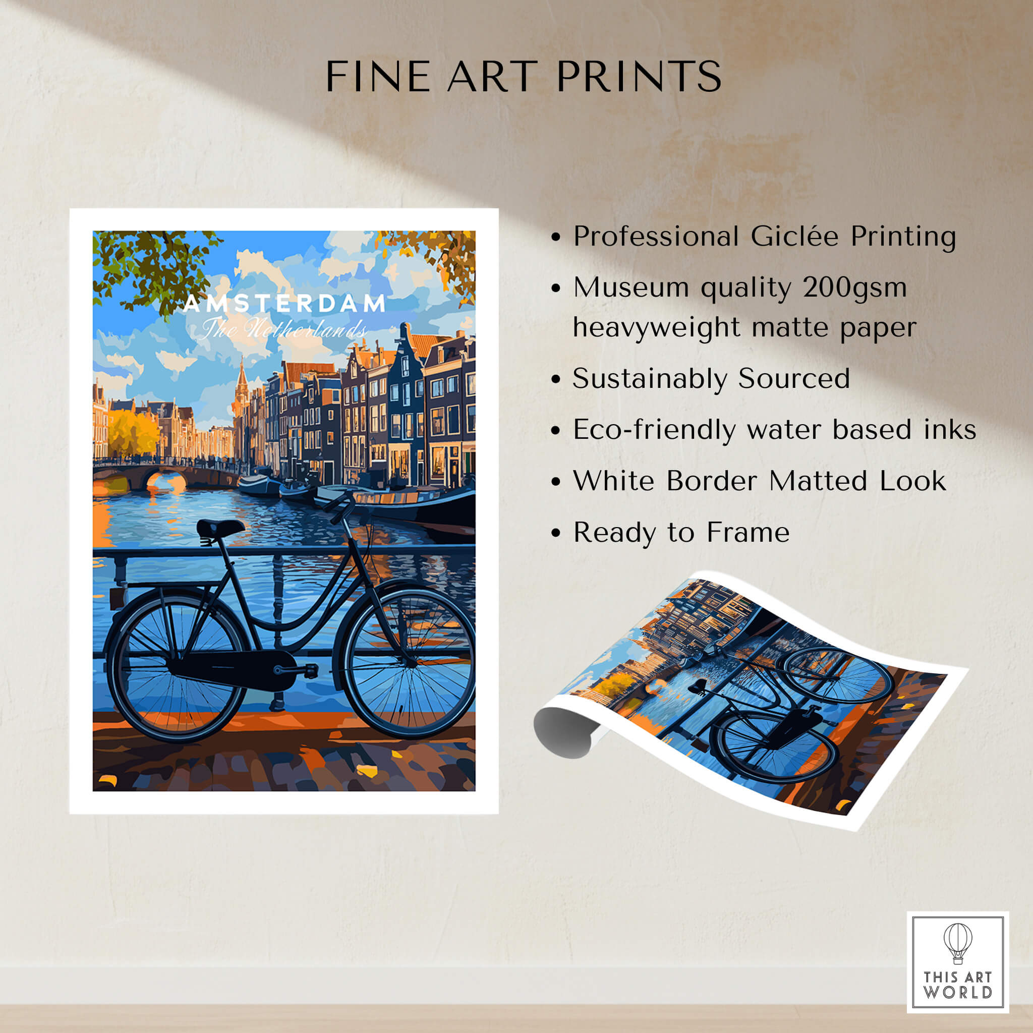 Colourful Amsterdam Architecture Poster - Iconic Canal Houses and Canals Wall Art, featuring a bike by the canals.