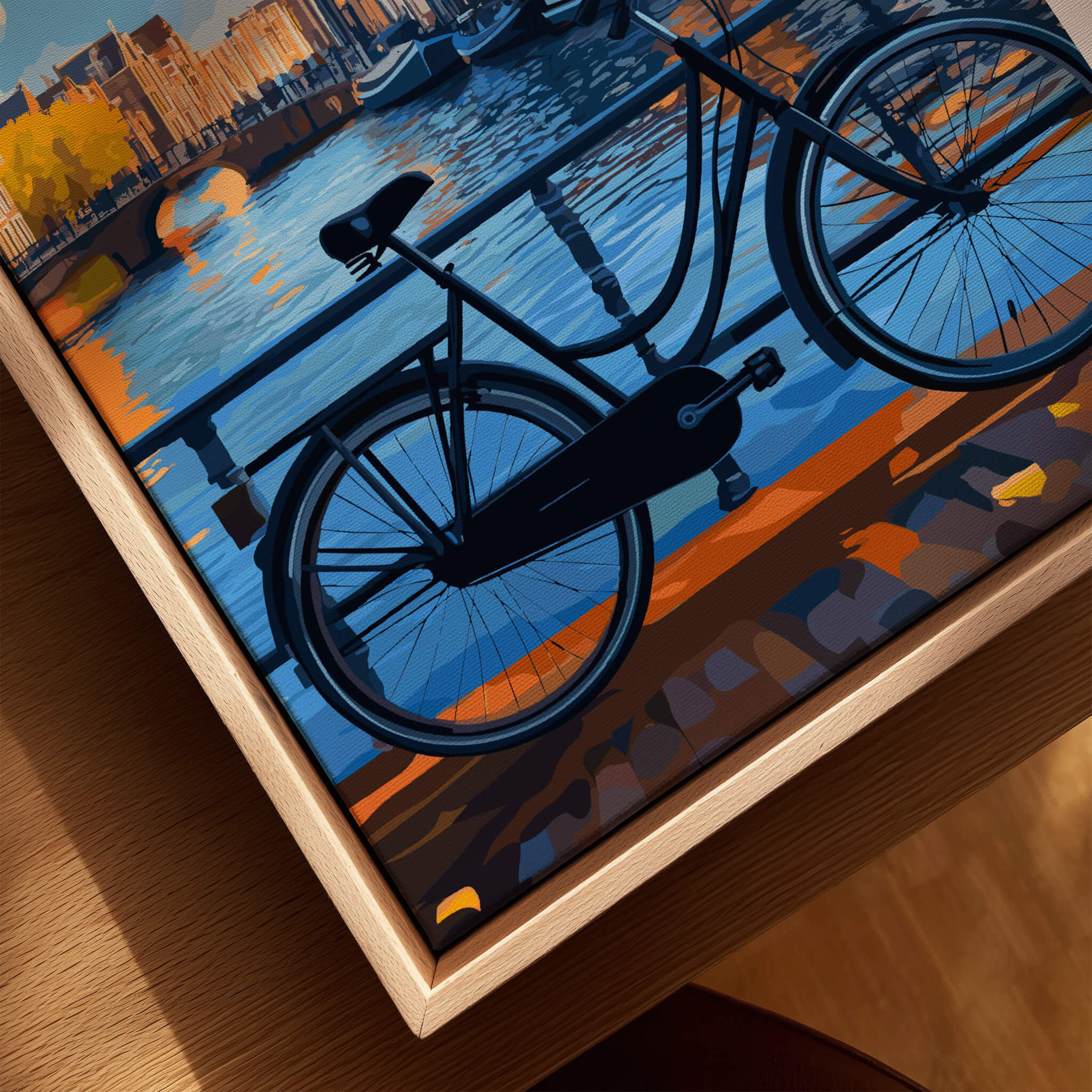 Colourful Amsterdam Architecture Poster - Iconic Canal Houses and Canals Wall Art featuring a bicycle by the canals.