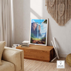 Vibrant Angel Falls poster displayed in a modern living room, enhancing home decor with stunning Venezuelan landscape.
