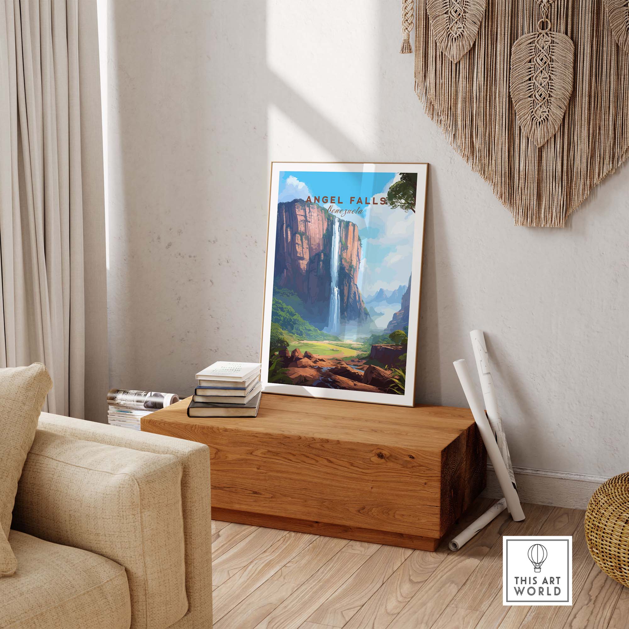 Vibrant Angel Falls poster displayed in a modern living room, enhancing home decor with stunning Venezuelan landscape.