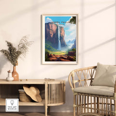Angel Falls poster displayed in a modern living room, showcasing vibrant colors and stunning landscape art from Venezuela.