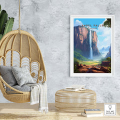 Angel Falls poster displayed in a stylish interior setting, showcasing vibrant colors and stunning landscape design.