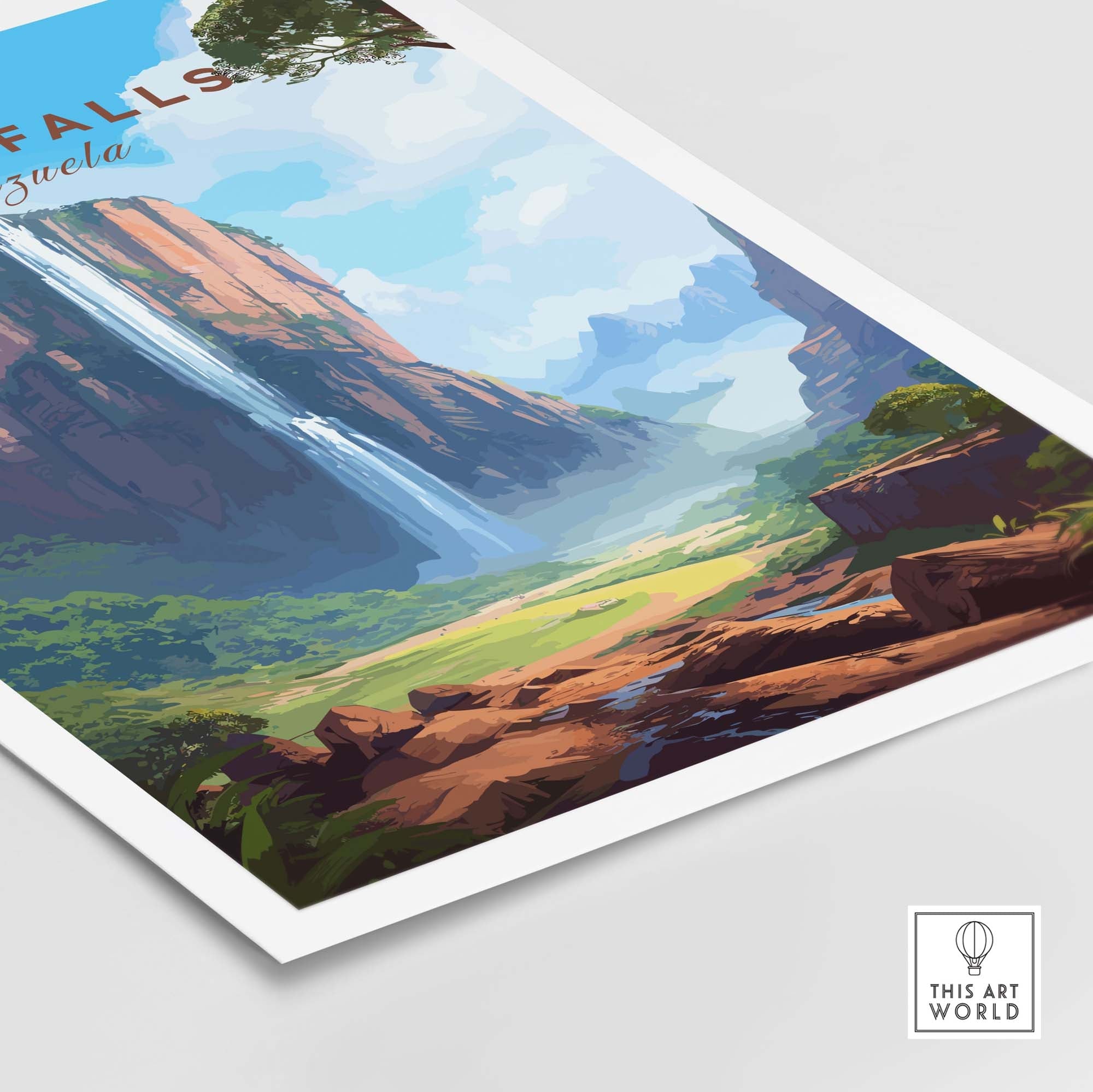 Vibrant Angel Falls poster showcasing the stunning waterfall and lush landscape of Venezuela art print.