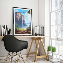 Angel Falls poster displayed in a modern home office, showcasing vibrant landscape art from Venezuela.