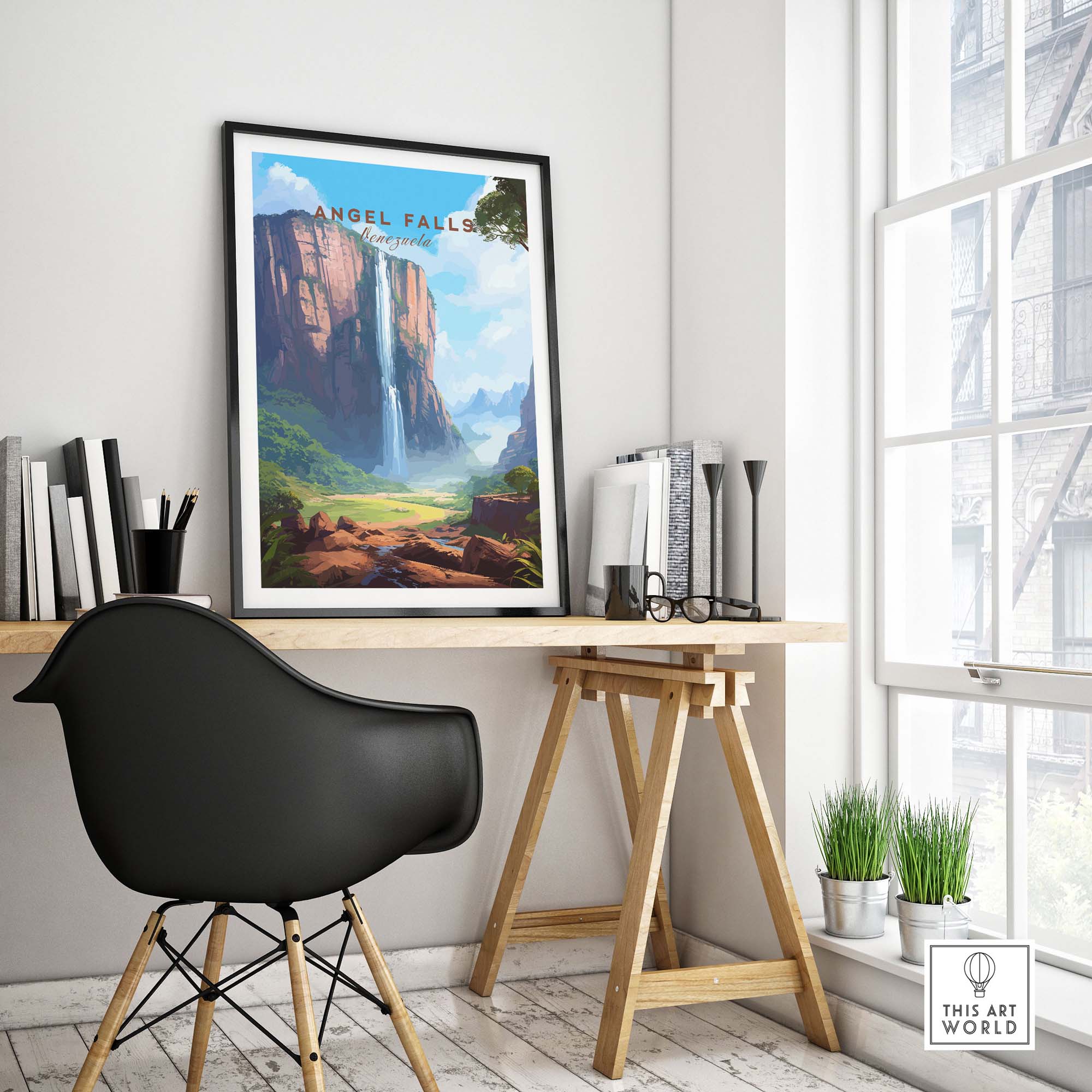 Angel Falls poster displayed in a modern home office, showcasing vibrant landscape art from Venezuela.