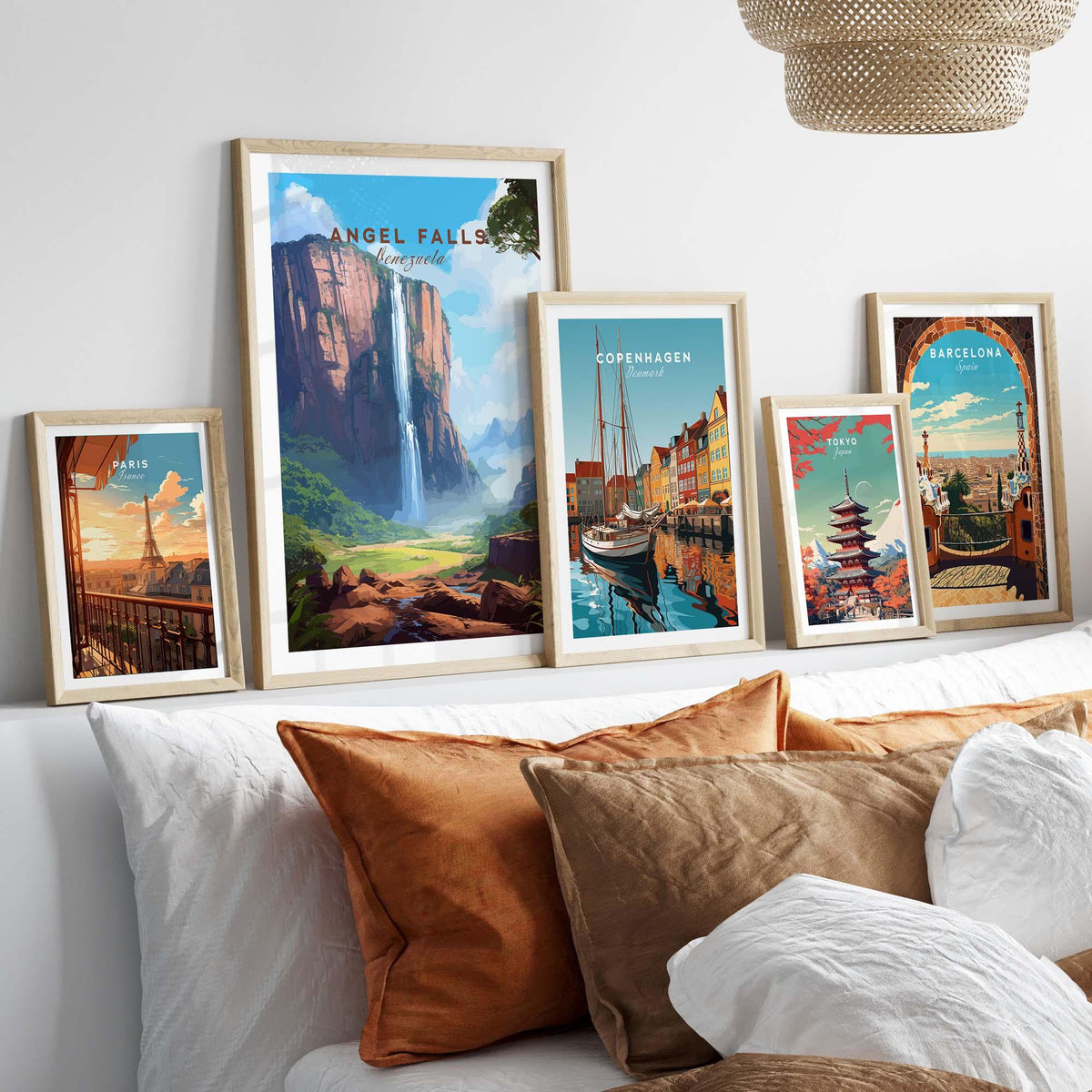 Stunning Angel Falls poster framed with other vibrant city art prints, enhancing a cozy home decor setup.