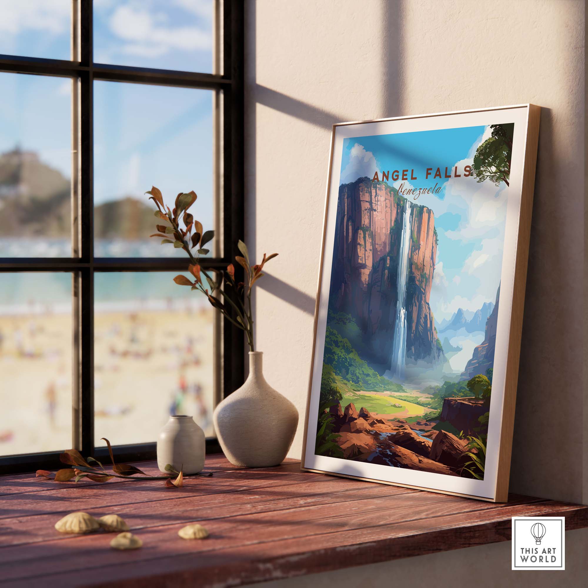 Angel Falls poster displayed on a wooden table near a window, showcasing vibrant colors and scenic beauty of Venezuela.