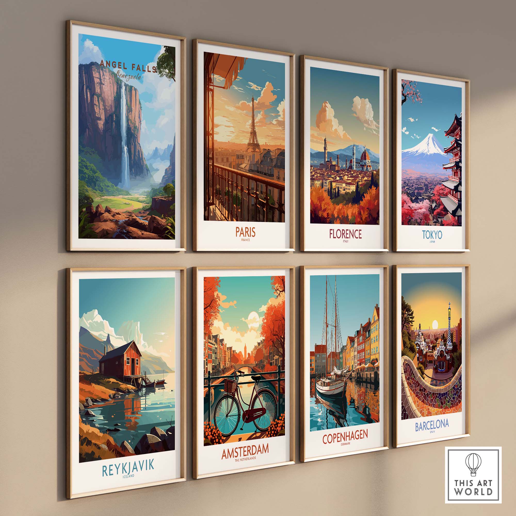 A collection of travel posters featuring Angel Falls, Paris, Florence, Tokyo, Reykjavik, Amsterdam, Copenhagen, and Barcelona.