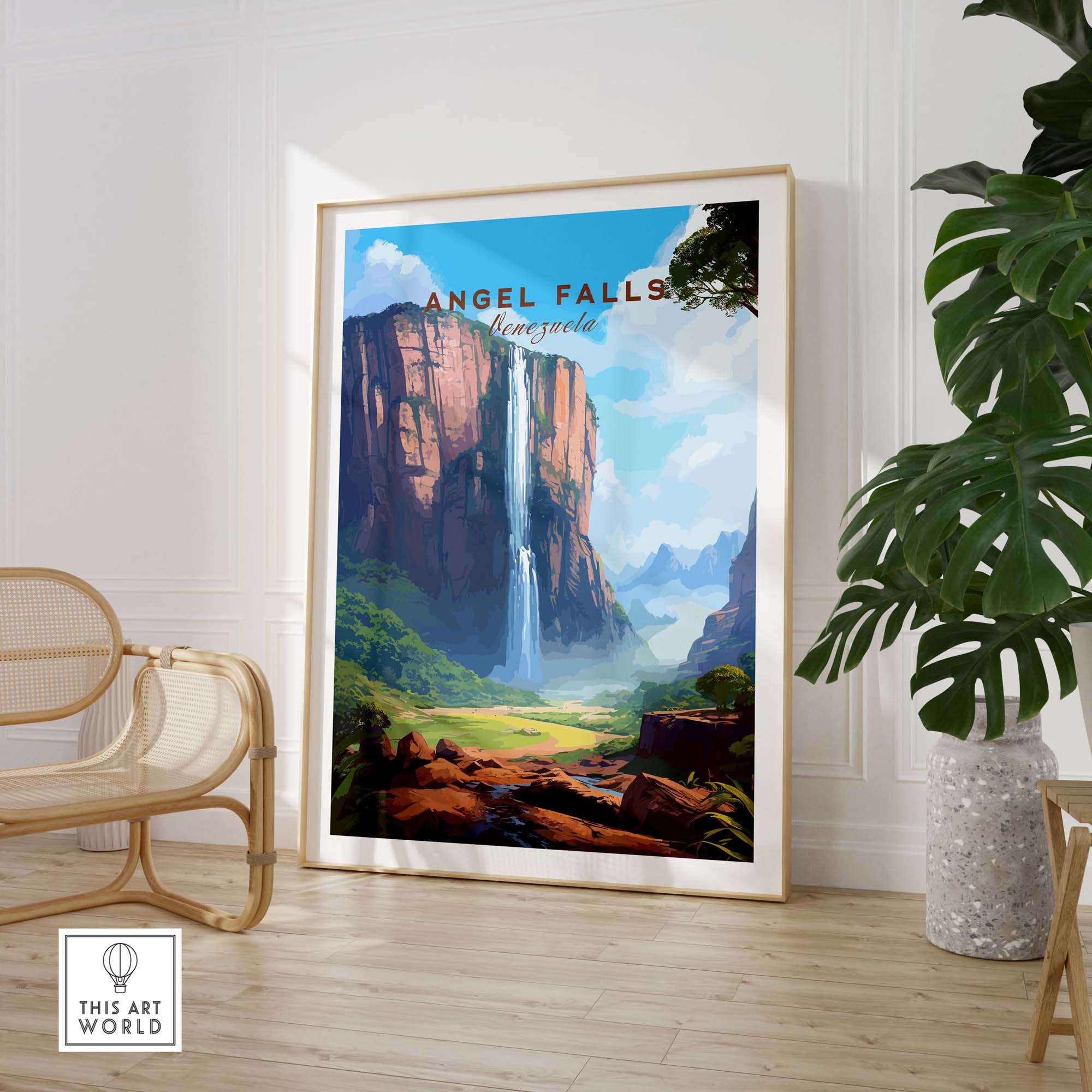 Stunning Angel Falls poster displayed in a stylish room, showcasing vibrant colors and breathtaking Venezuela landscape.