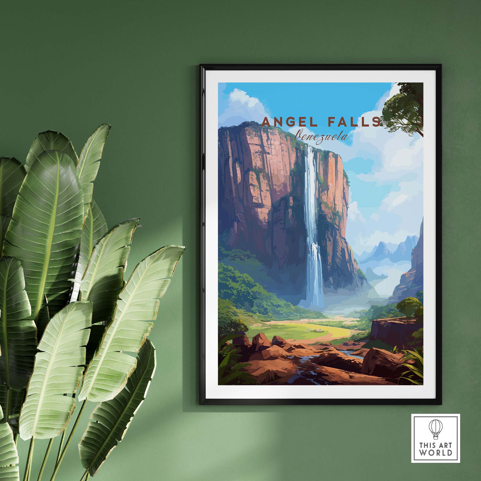 Vibrant Angel Falls poster on a green wall, showcasing the majestic waterfall surrounded by lush landscape.