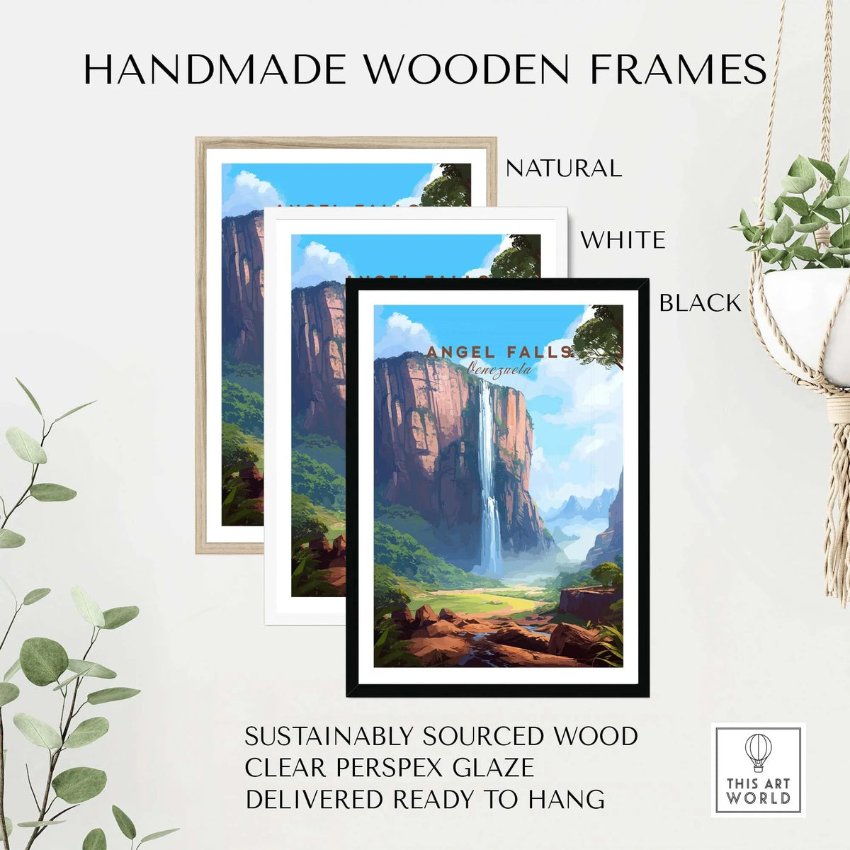 Angel Falls poster displayed in handmade wooden frames: natural, white, and black. High-quality, ready to hang with clear glaze.