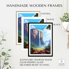 Angel Falls poster displayed in handmade wooden frames: natural, white, and black. High-quality, ready to hang with clear glaze.