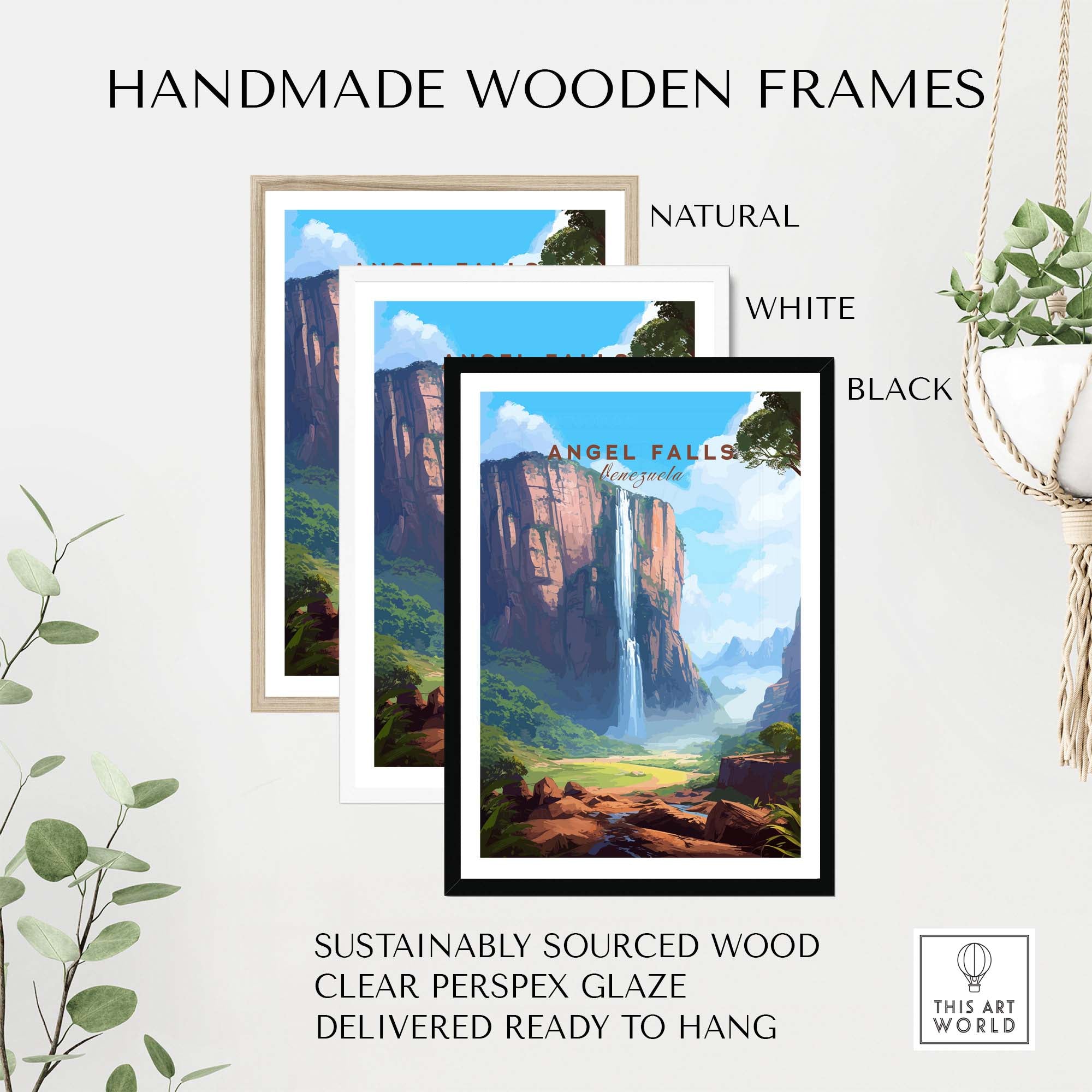 Angel Falls poster displayed in handmade wooden frames: natural, white, and black. High-quality, ready to hang with clear glaze.
