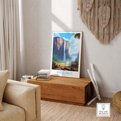 Framed Angel Falls wall art featuring Auyán-tepui mountain in a stylish living room setting.