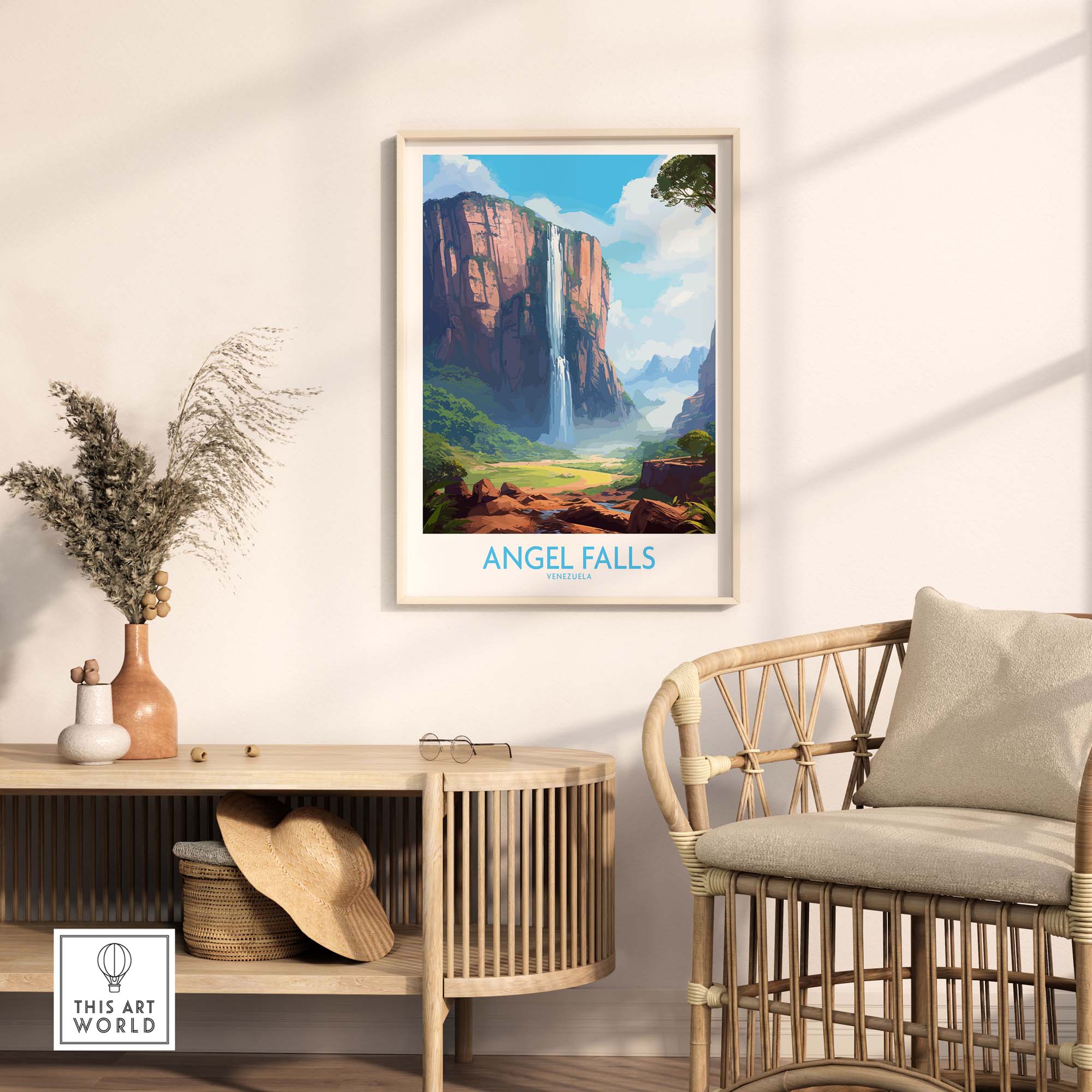 Stunning Angel Falls wall art showcasing Auyán-tepui mountain in a stylish living room setting.