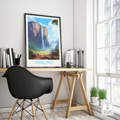 Angel Falls wall art depicting the stunning Auyán-tepui mountain in a modern home office setting.
