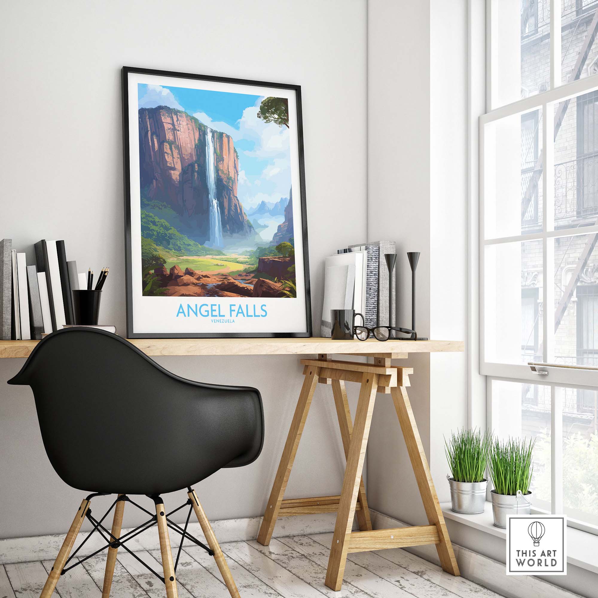 Angel Falls wall art depicting the stunning Auyán-tepui mountain in a modern home office setting.