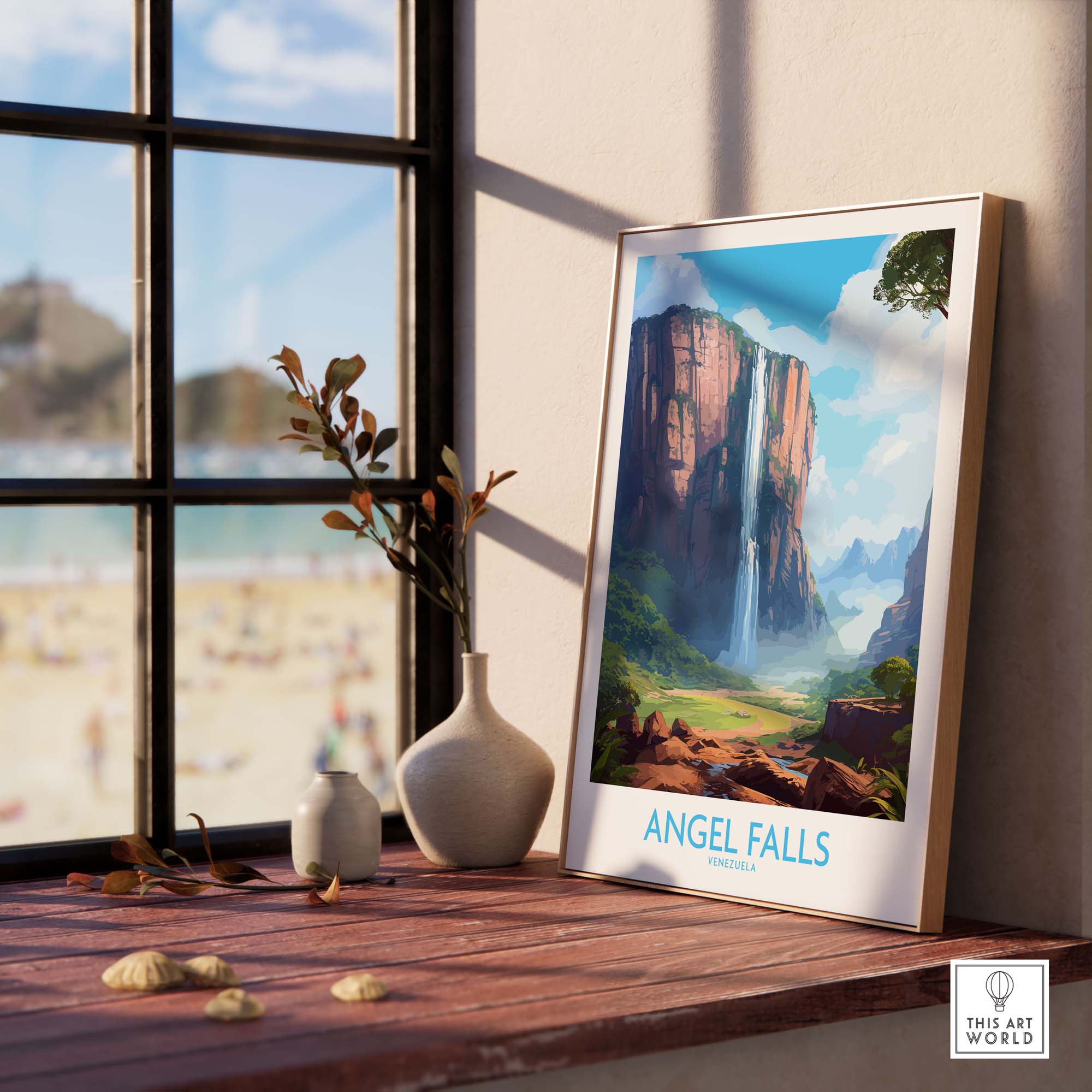 Framed Angel Falls wall art showcasing the stunning Auyán-tepui mountain and cascading waterfall in a bright room.