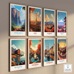 Gallery of travel posters featuring Angel Falls, Paris, Florence, Tokyo, Reykjavik, Amsterdam, Copenhagen, and Barcelona.