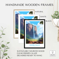 Handmade wooden frames featuring Angel Falls wall art in natural, white, and black finishes.