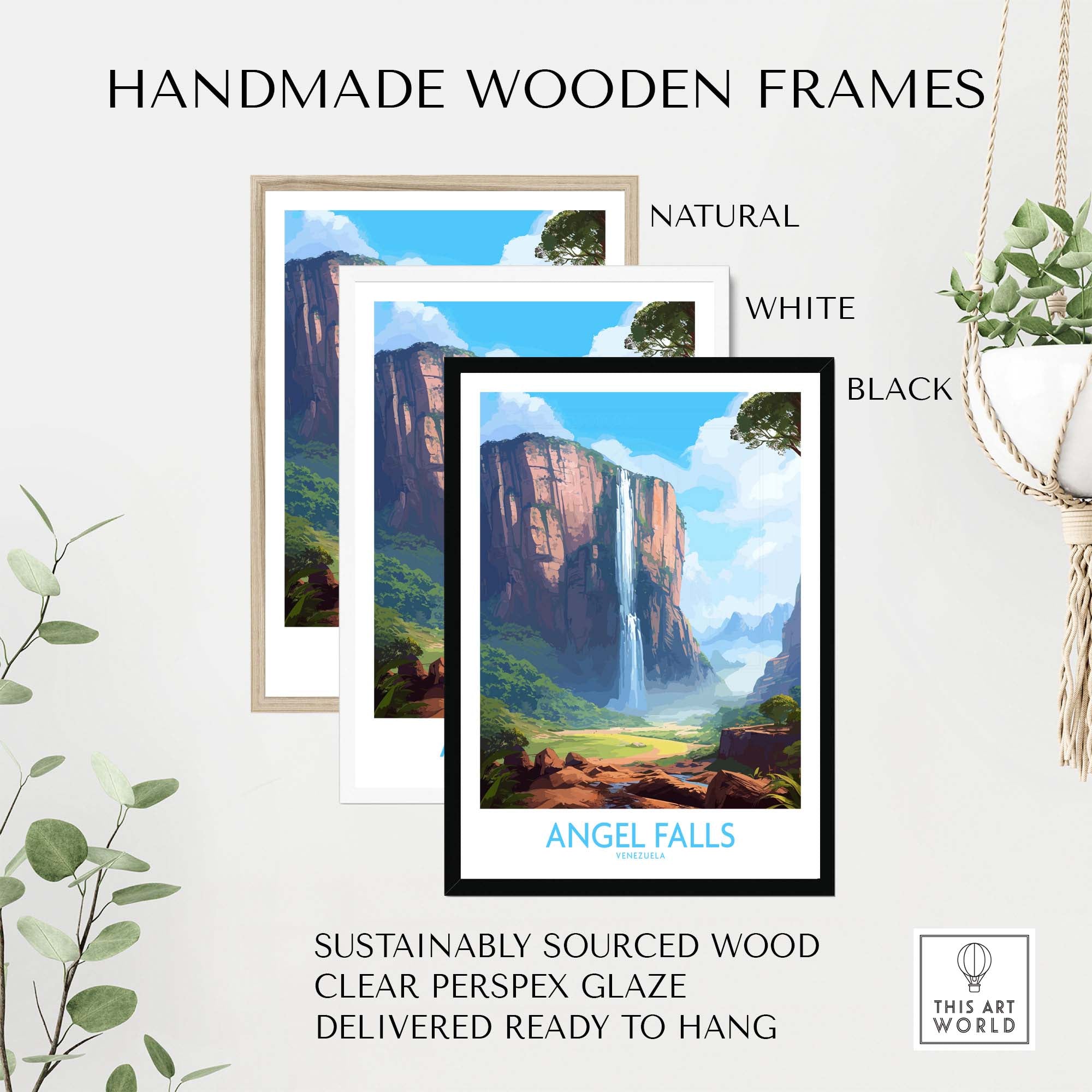 Handmade wooden frames featuring Angel Falls wall art in natural, white, and black finishes.