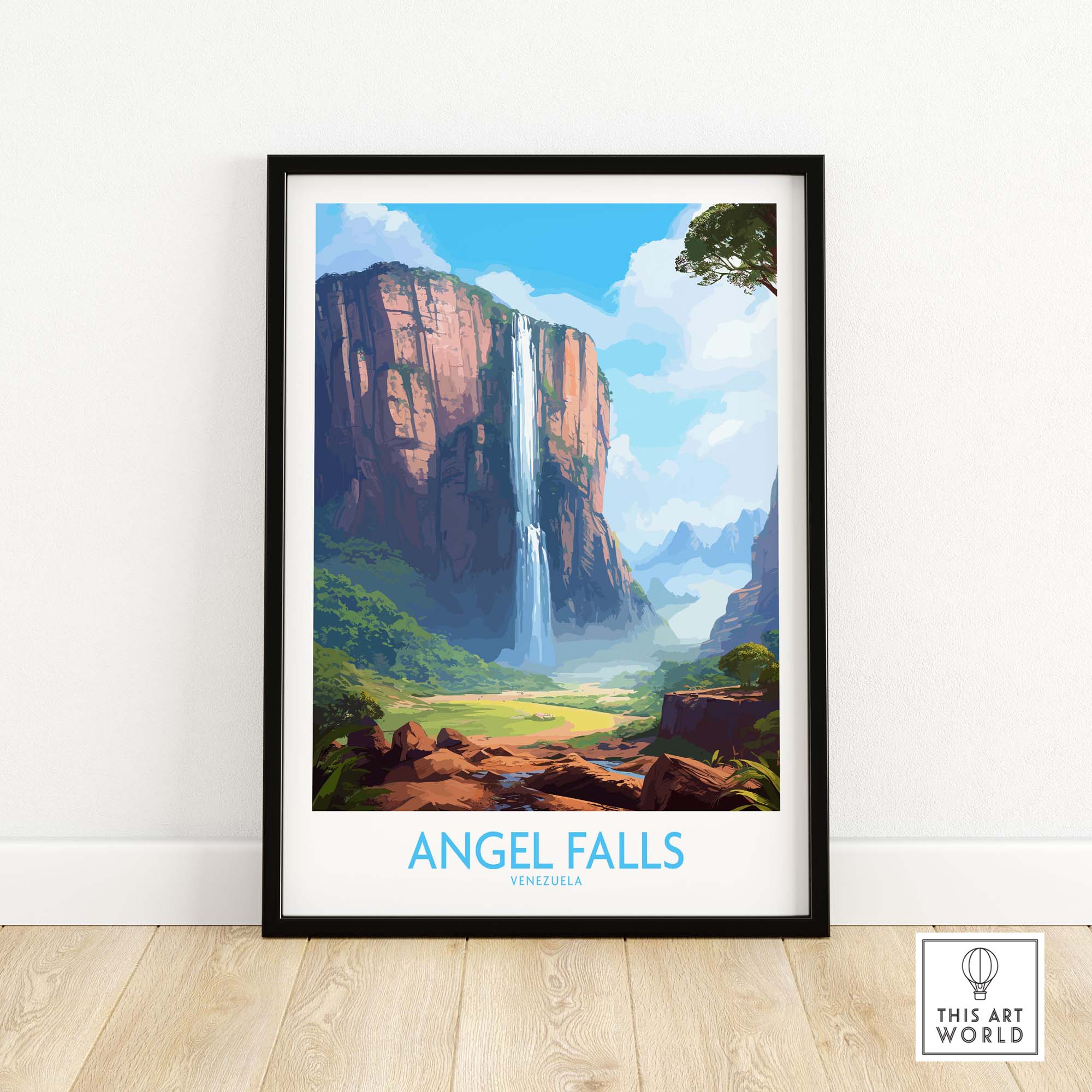 Framed Angel Falls wall art showcasing the stunning Auyán-tepui mountain and waterfall, ideal for home decor.