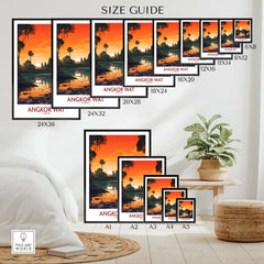 Size guide for Angkor Wat Wall Art featuring multiple frame options against a cozy home setting.