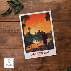 Angkor Wat wall art featuring a serene landscape at sunset, perfect for modern home decor.
