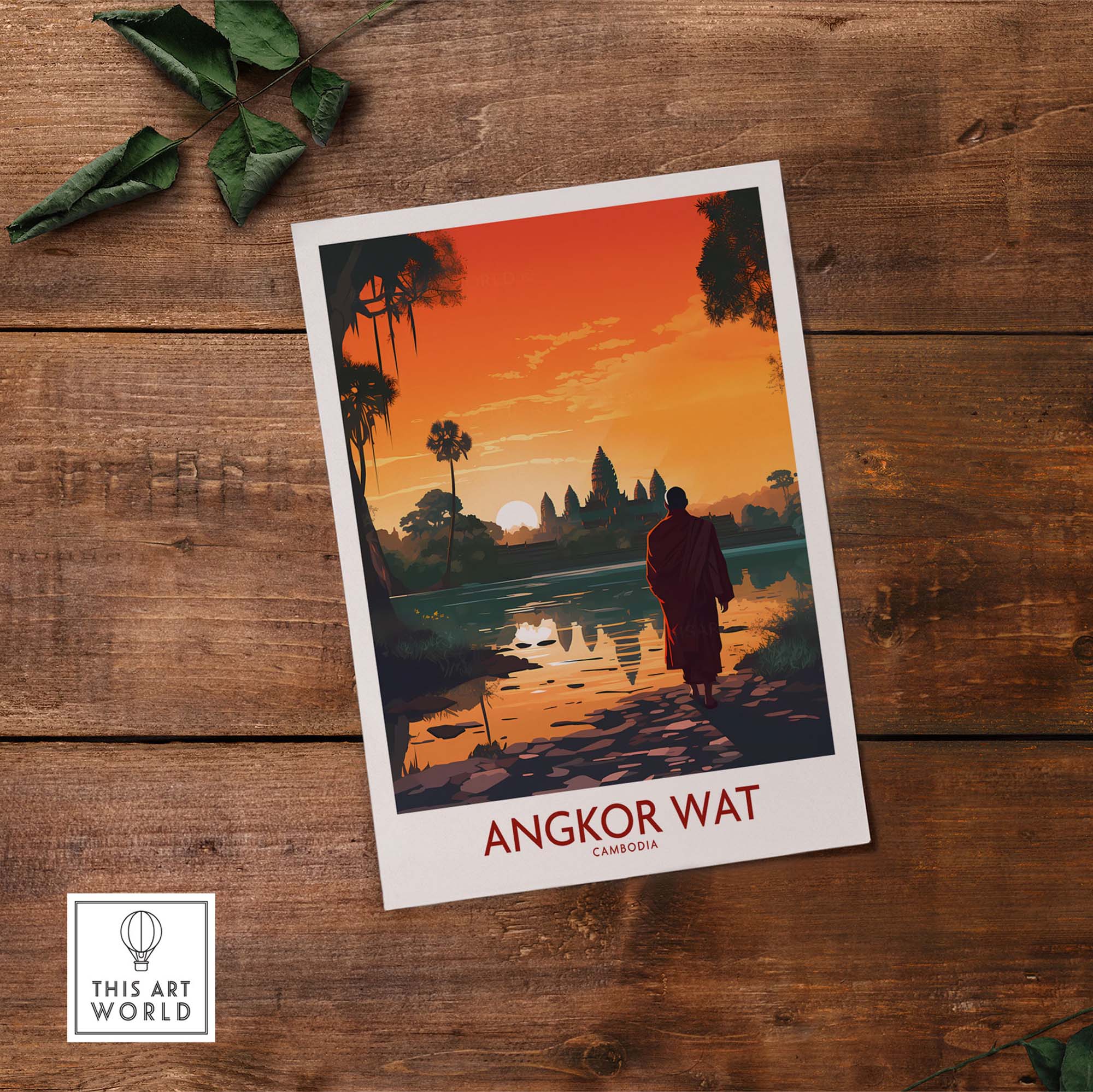 Angkor Wat wall art featuring a serene landscape at sunset, perfect for modern home decor.