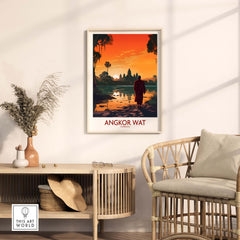 Angkor Wat wall art in modern decor, featuring a sunset scene and a traveler, perfect for home decoration.