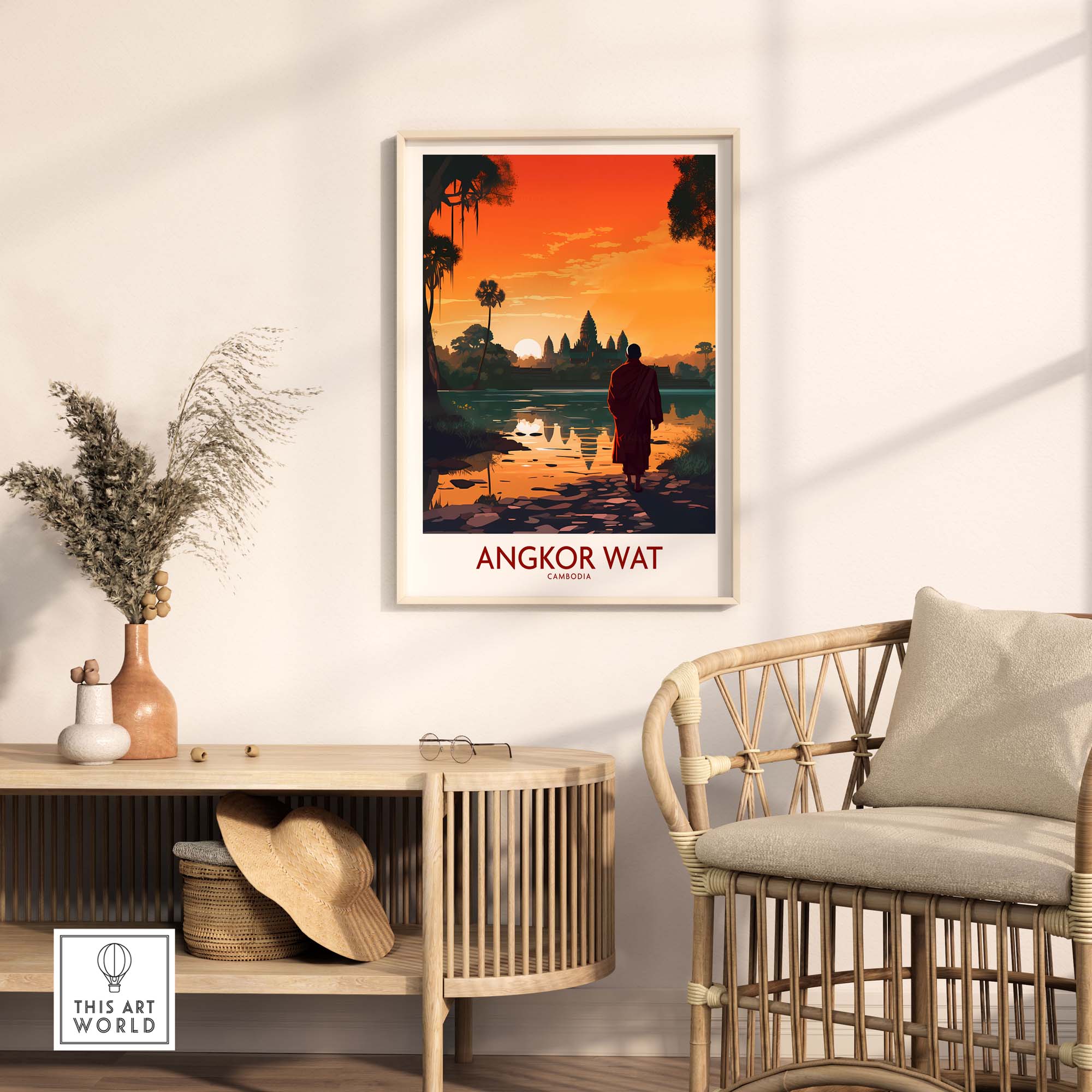 Angkor Wat wall art in modern decor, featuring a sunset scene and a traveler, perfect for home decoration.