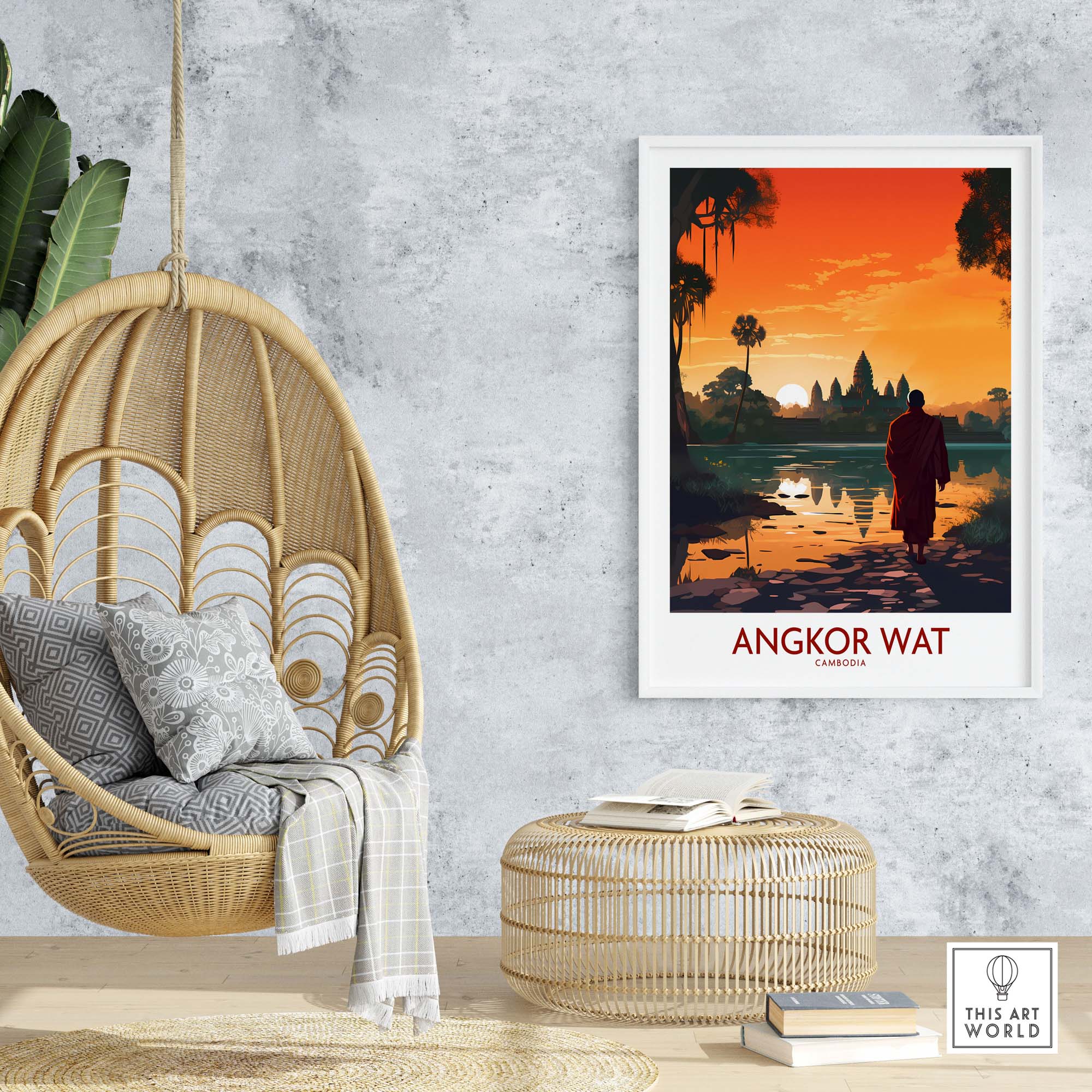 Angkor Wat Wall Art in modern style, featuring vibrant sunset over Cambodian landscape in stylish home decor.