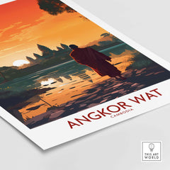 Angkor Wat wall art featuring a serene sunset view with a monk by the river, perfect for home decor and travel memories.