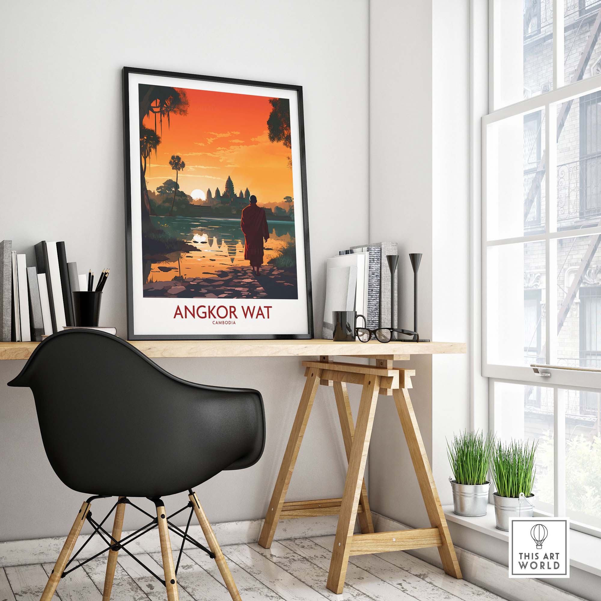 Angkor Wat wall art print in modern decor setting, showcasing vibrant sunset colors and travel inspiration.
