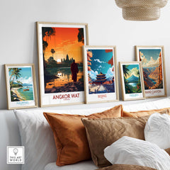 Collection of travel posters including Angkor Wat, showcasing modern art styles and vibrant colors for home decor.