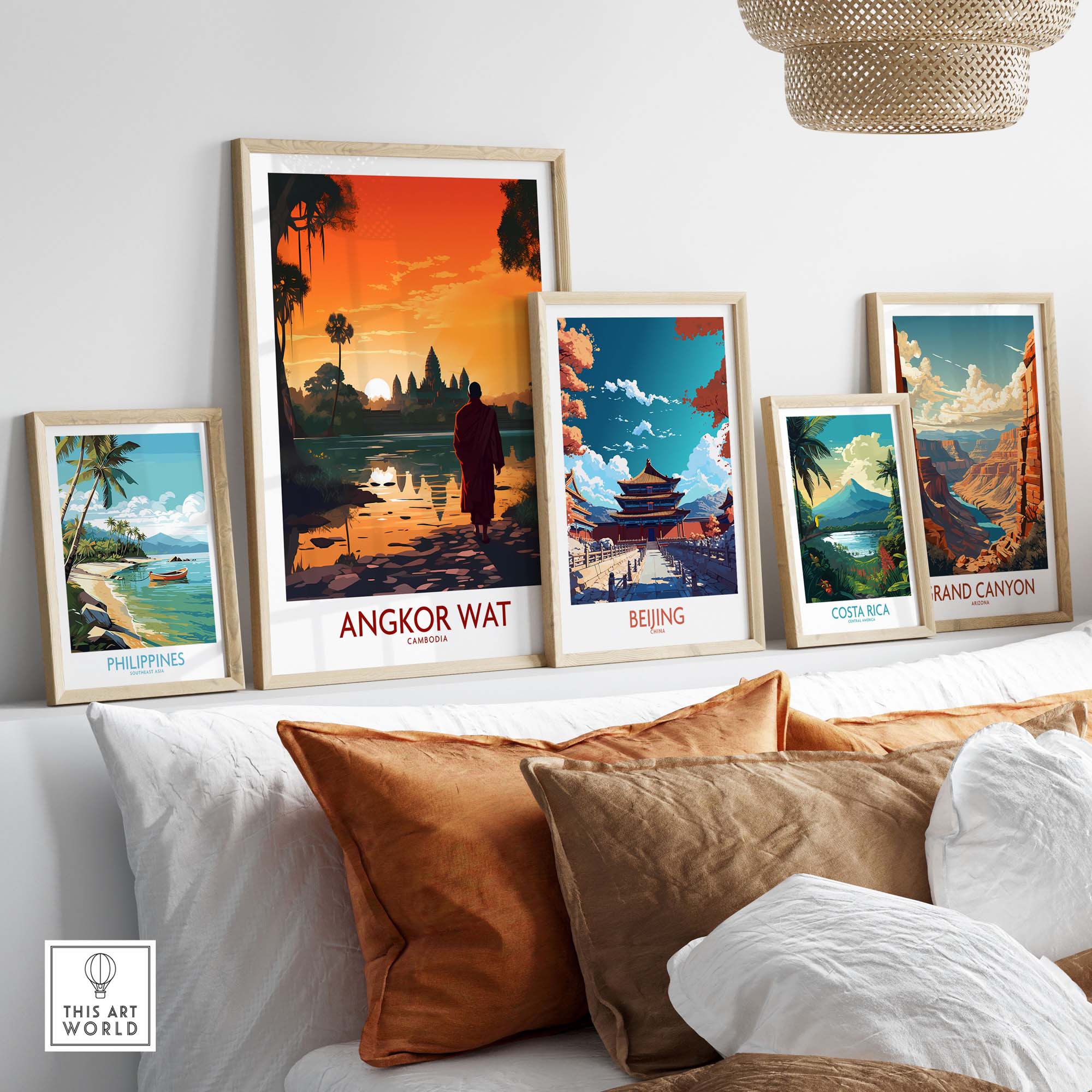 Collection of travel posters including Angkor Wat, showcasing modern art styles and vibrant colors for home decor.