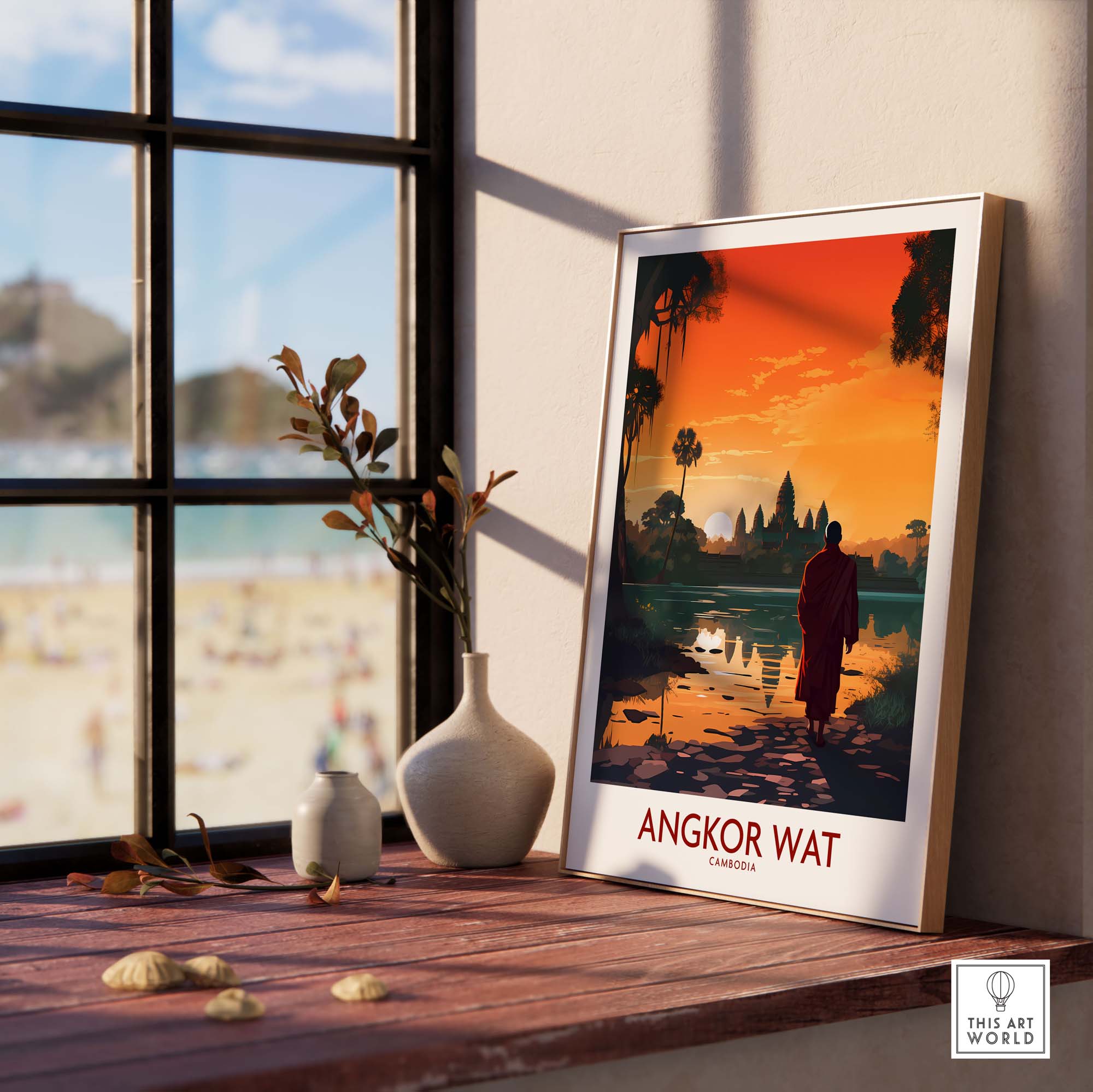 Framed Angkor Wat wall art showcasing a sunset view, perfect for home decor and celebrating Cambodian culture.