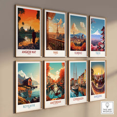 Gallery of travel posters including Angkor Wat, Paris, and Tokyo in a modern art style.