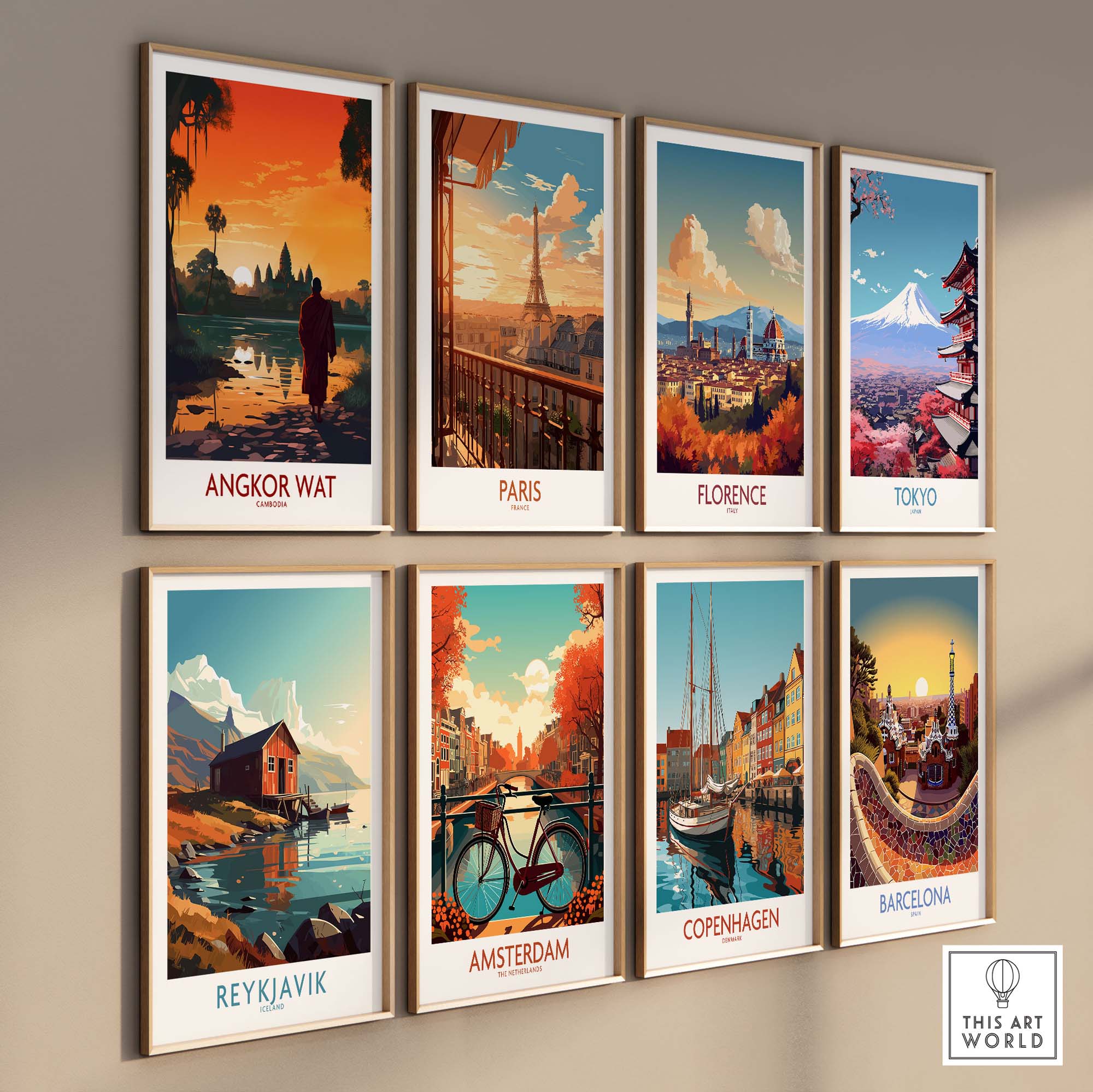 Gallery of travel posters including Angkor Wat, Paris, and Tokyo in a modern art style.