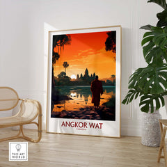 Angkor Wat Wall Art in modern style, featuring a silhouette walking at sunset, perfect for home decoration.