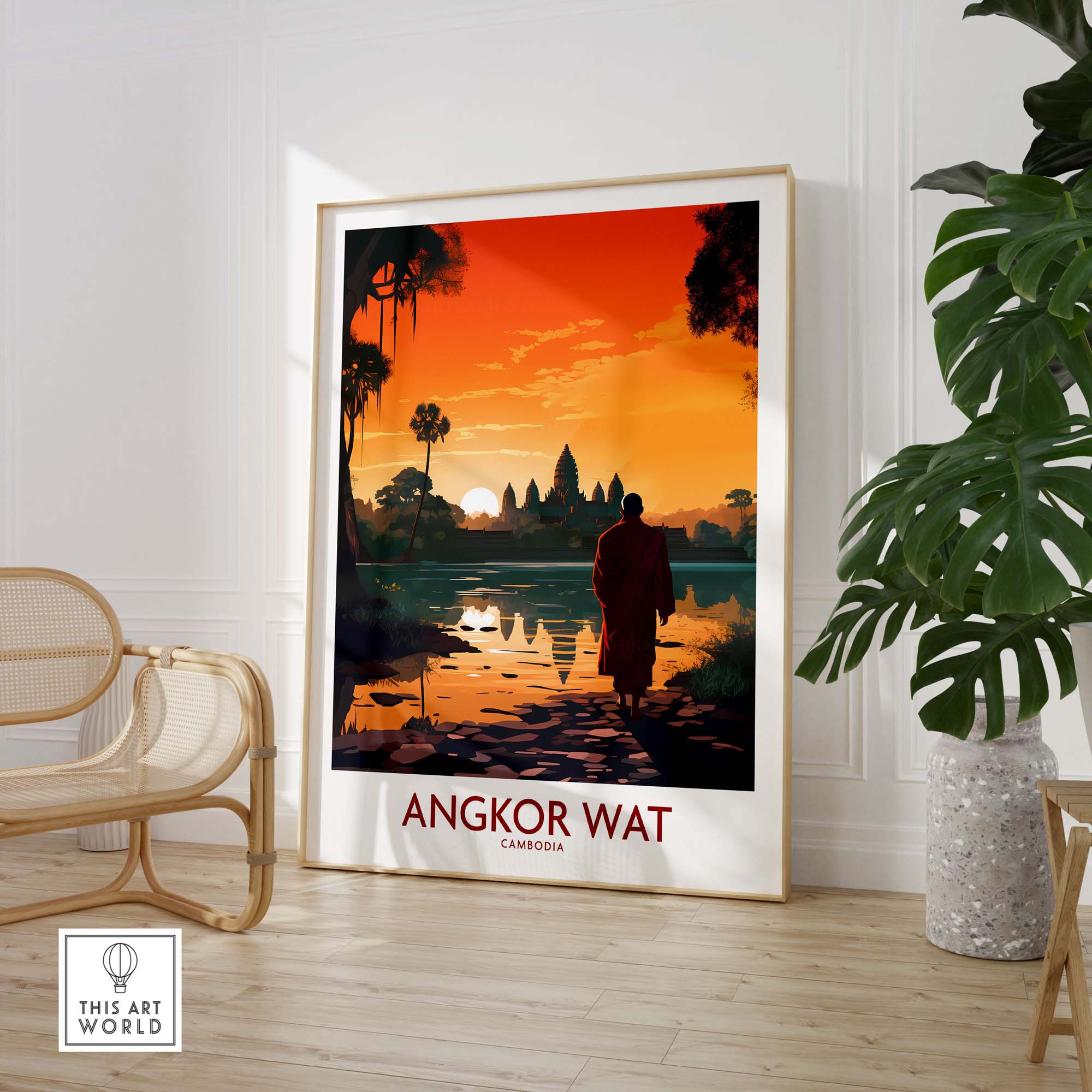 Angkor Wat Wall Art in modern style, featuring a silhouette walking at sunset, perfect for home decoration.