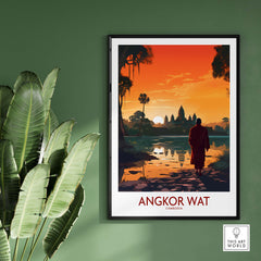 Modern Angkor Wat wall art featuring a serene sunset scene with a monk walking by water in Cambodia.