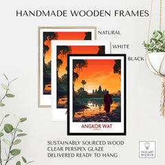 Angkor Wat Wall Art in handmade wooden frames, featuring natural, white, and black options for home decor.