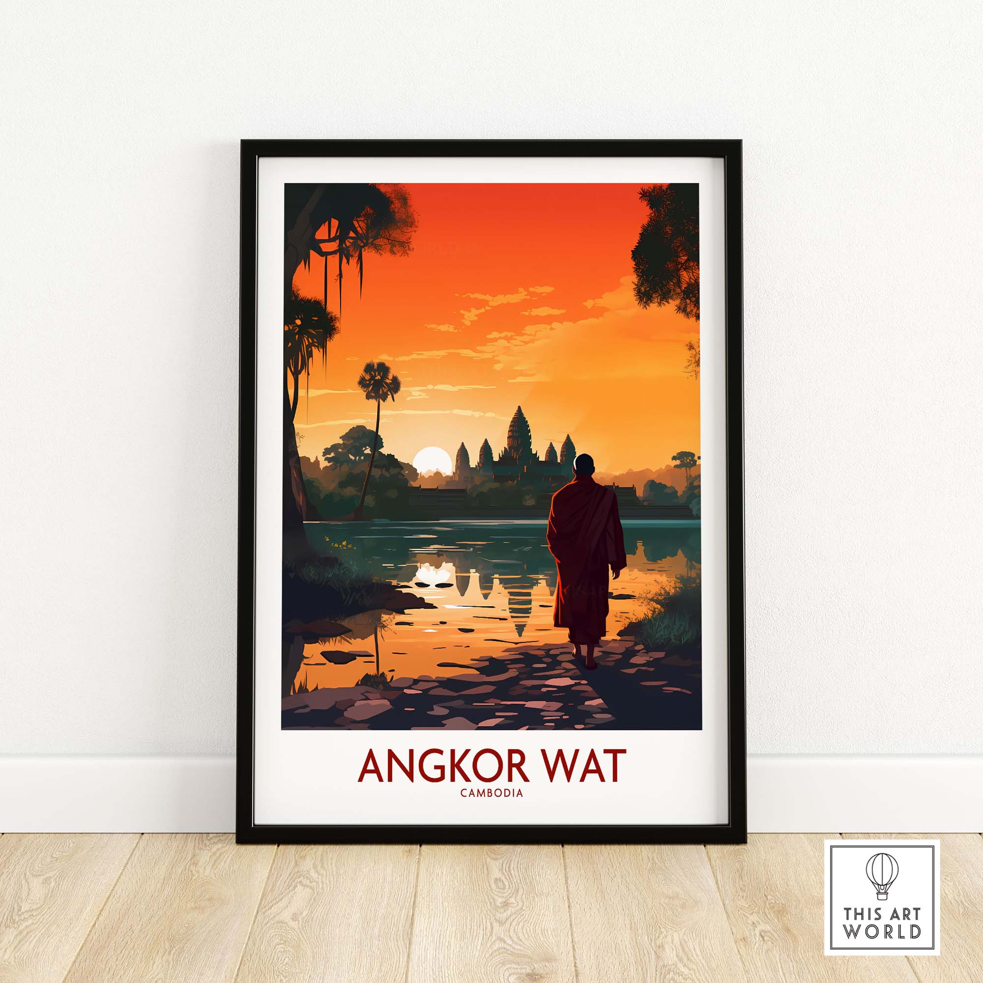 Angkor Wat wall art featuring a serene sunset scene and a monk walking, perfect for home decor and travel memories.