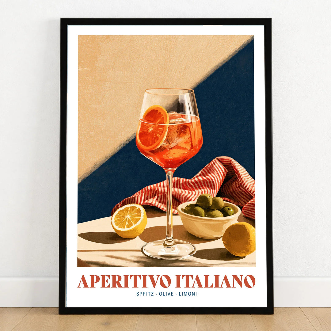 Aperitivo Italiano Italian Kitchen Poster - art print in black frame on wooden floor