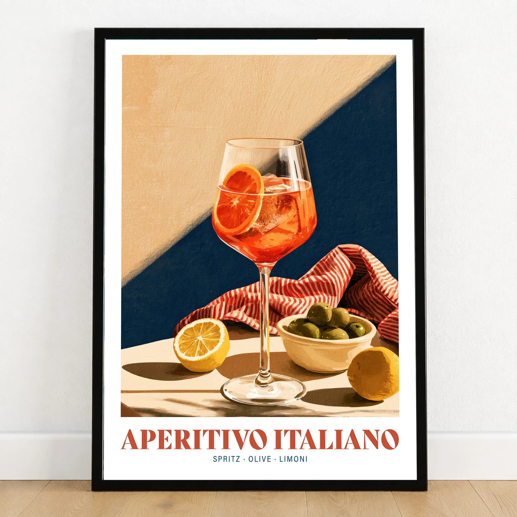 Aperitivo Italiano Italian Kitchen Poster - art print in black frame on wooden floor